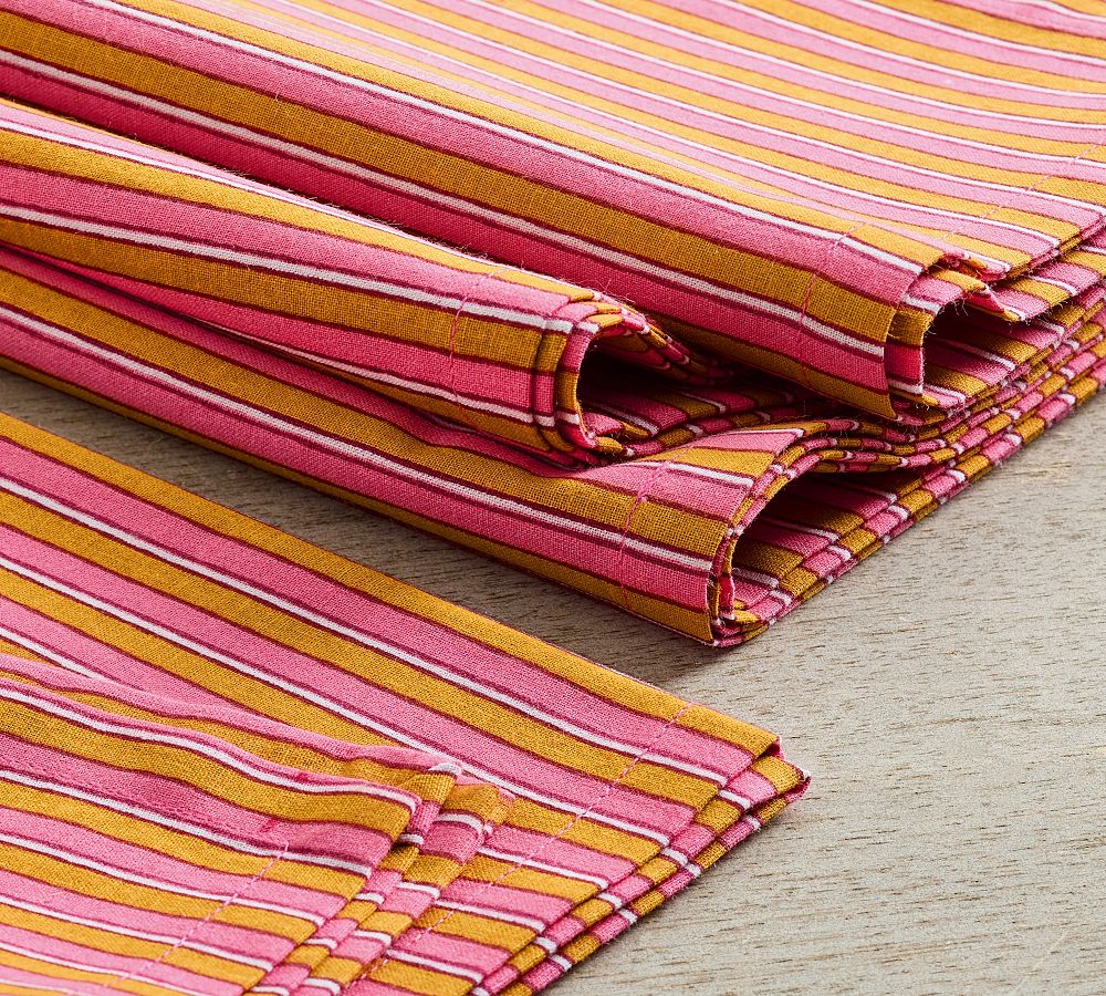 Pottery Barn Zeena Stripe Block Print Cotton Napkins - Set of 4