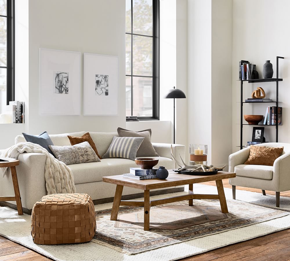 Pottery Barn Suede Basketweave Pouf