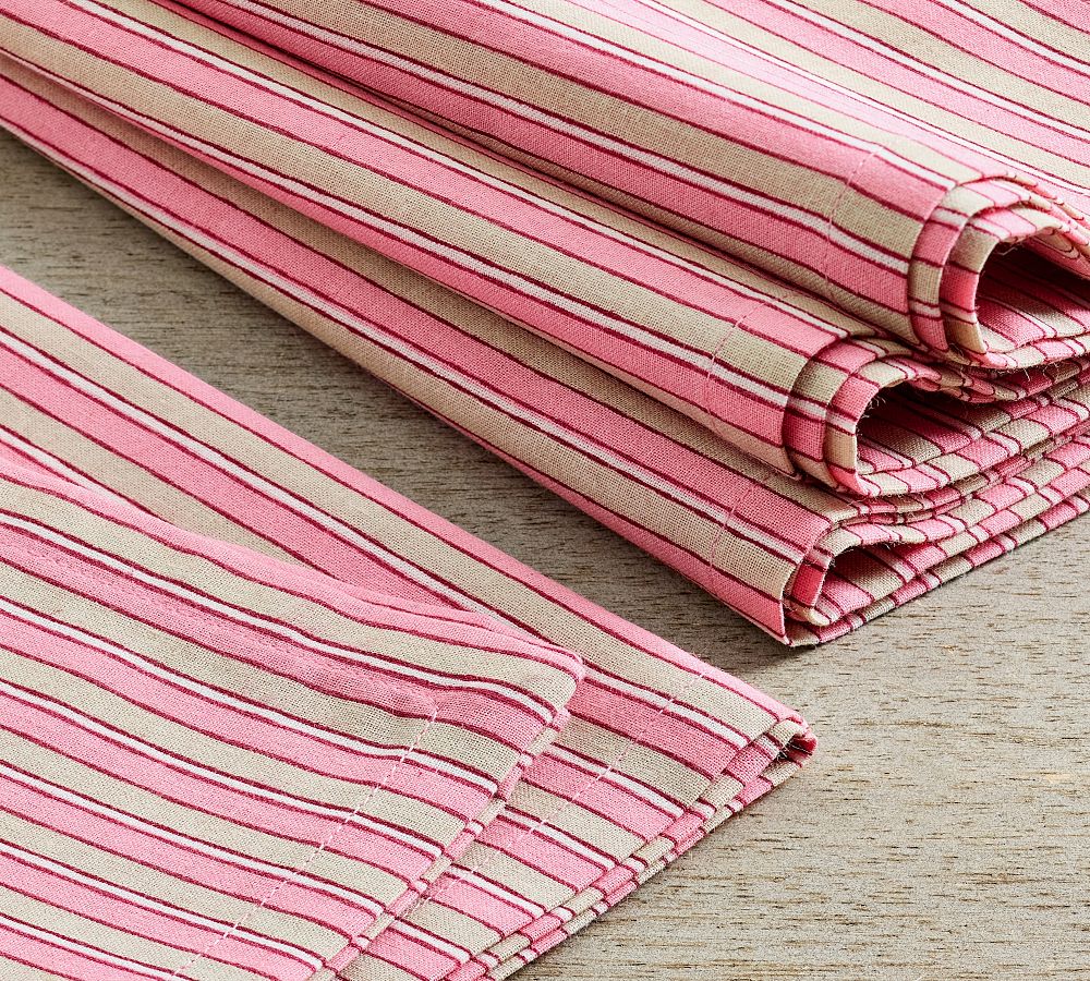 Pottery Barn Zeena Stripe Block Print Cotton Napkins - Set of 4