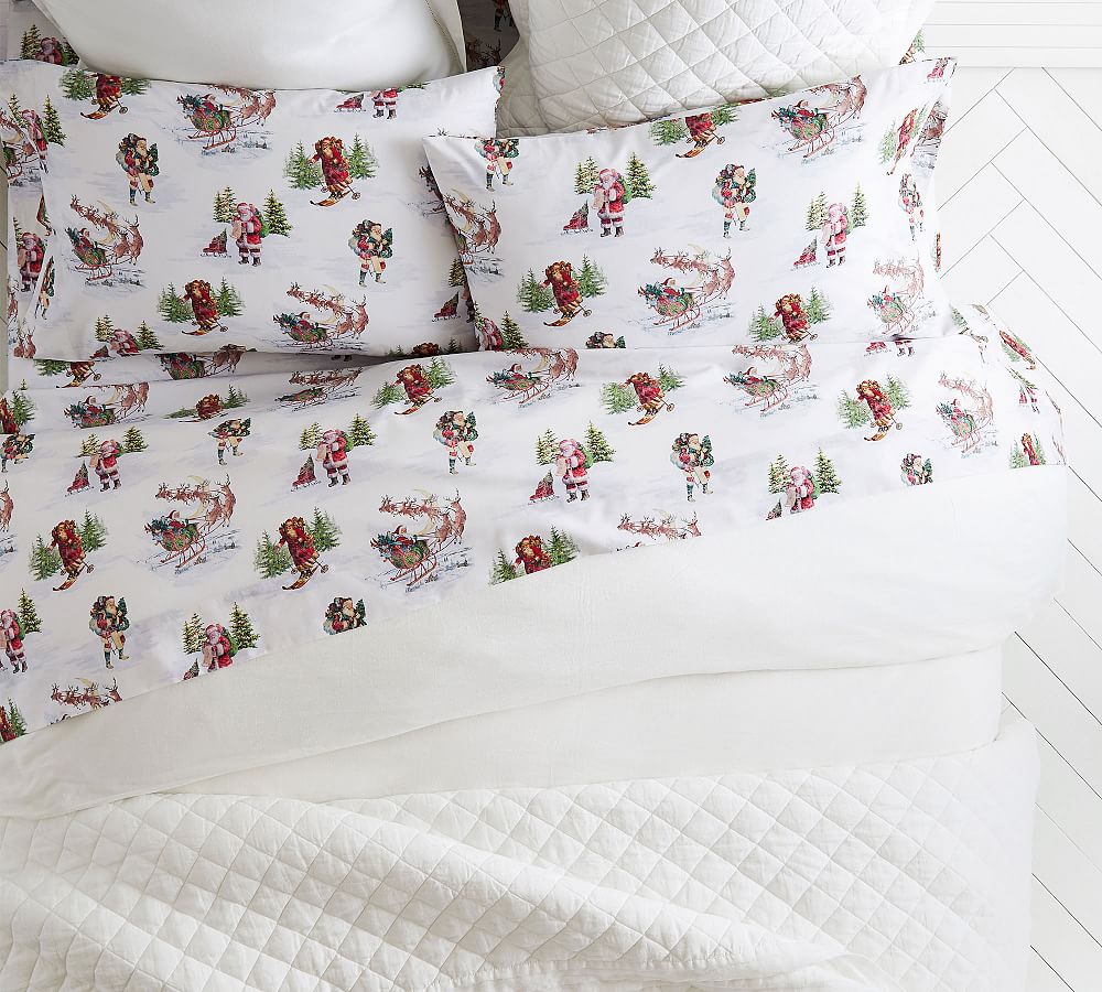 Pottery Barn Nostalgic Santa Percale Sheet Set