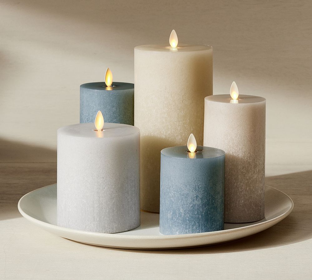 Pottery Barn Premium Flickering Flameless Wax Pillar Candle - Salt Washed
