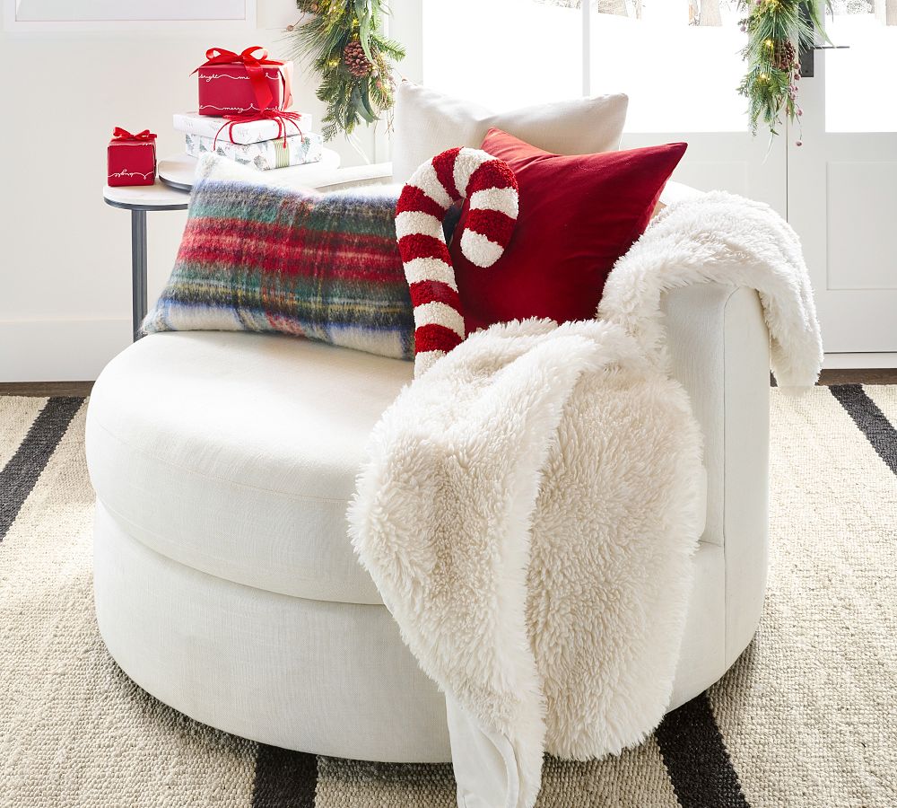 Pottery Barn Cozy Teddy Faux Fur Candy Cane Shaped Pillow