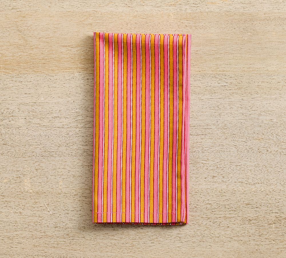 Pottery Barn Zeena Stripe Block Print Cotton Napkins - Set of 4