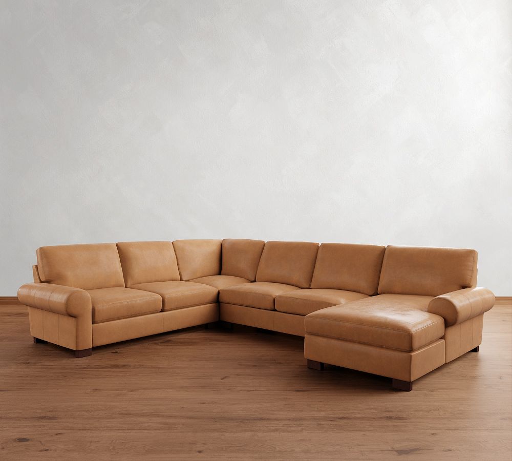 Pottery Barn Turner Roll Arm Leather 4-Piece Chaise Sectional (140"-144")