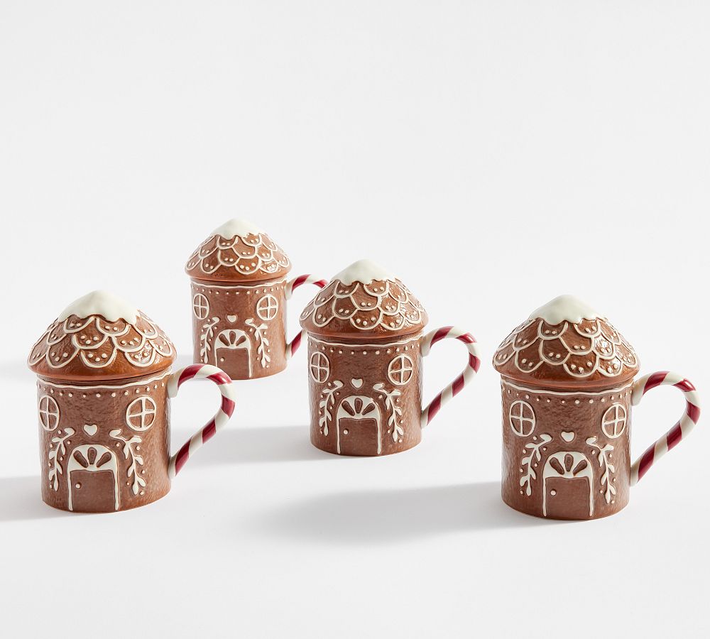 Pottery Barn Gingerbread House Lidded Stoneware Mugs