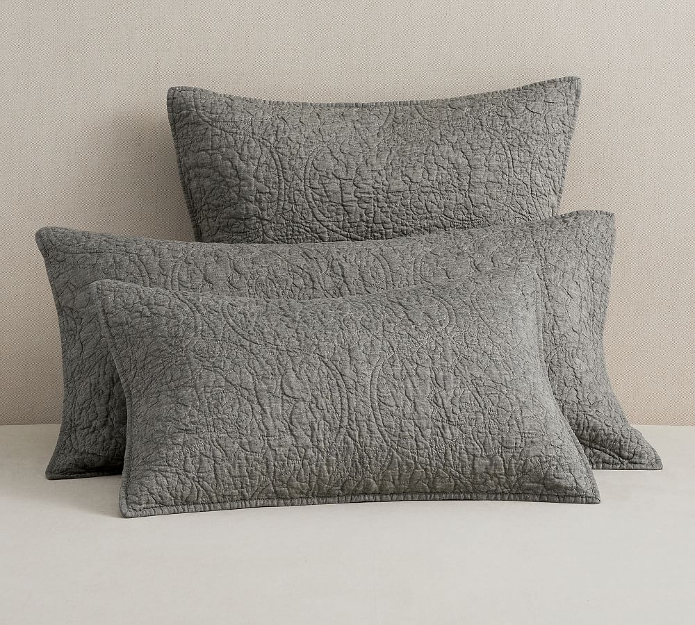 Pottery Barn Belgian Flax Linen Floral Stitch Quilt