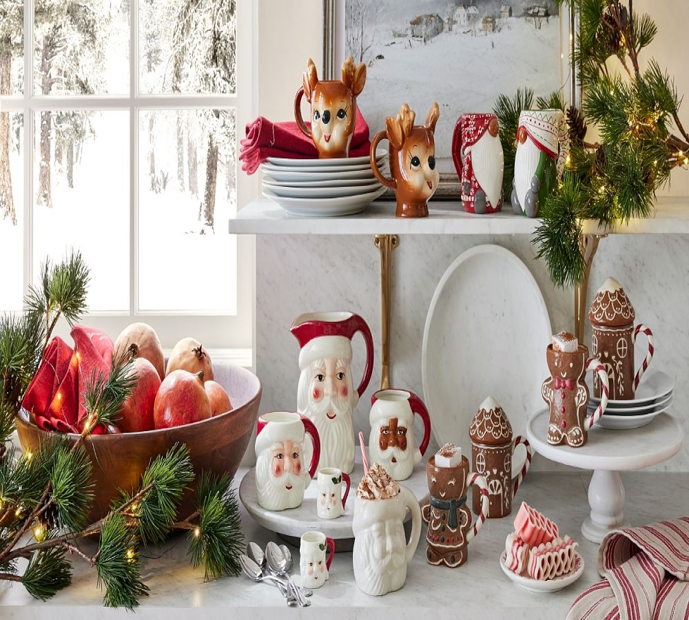 Pottery Barn Festive Gnome Shaped Ceramic Mugs - Set of 4