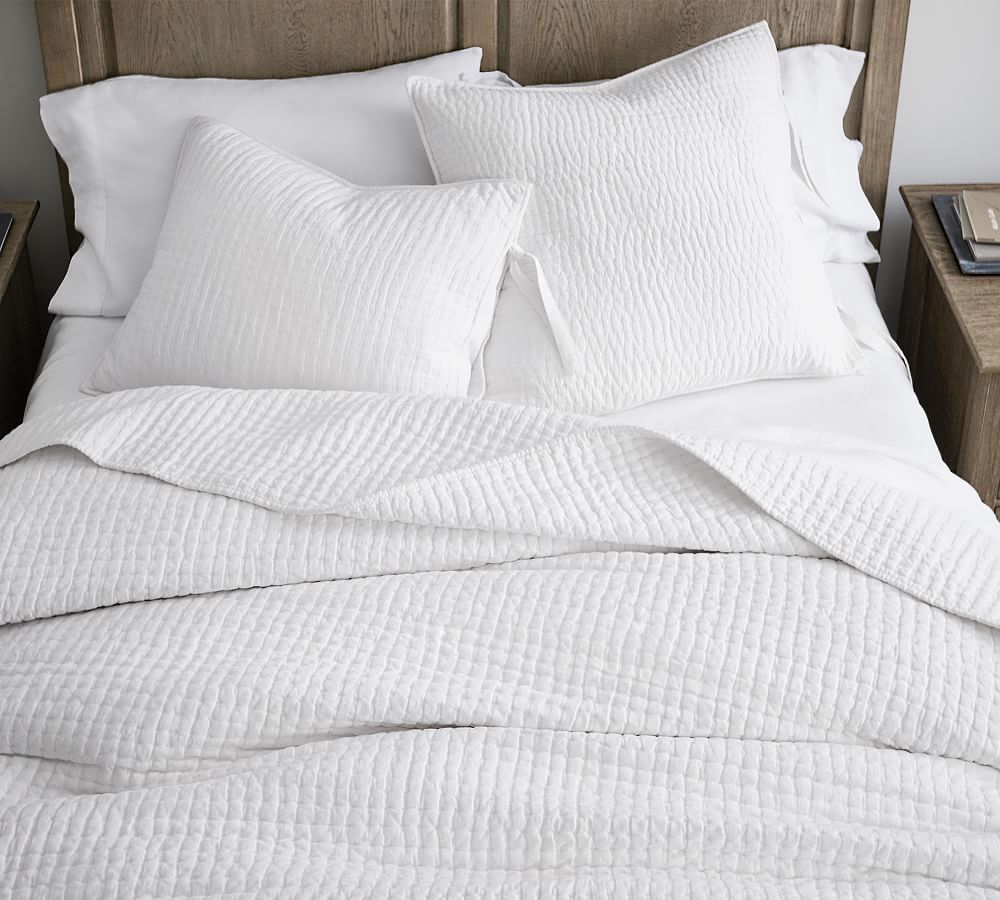 Pottery Barn Pick-Stitch Handcrafted Cotton Linen Quilt