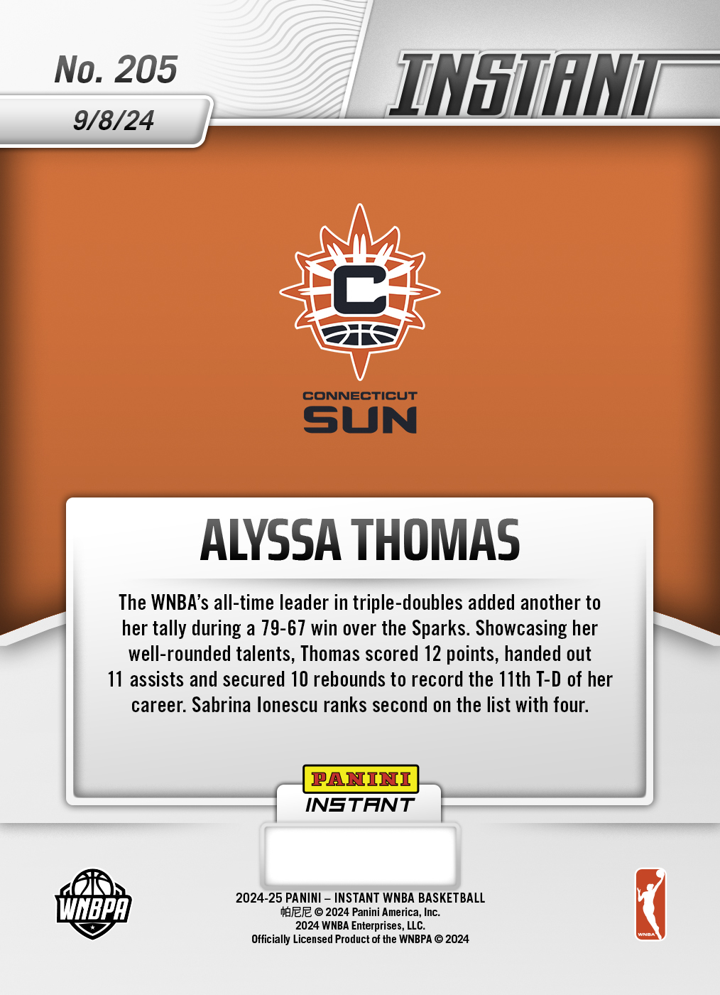 Panini America Alyssa Thomas - 2024 Panini Instant WNBA #205 - White Tiger /5