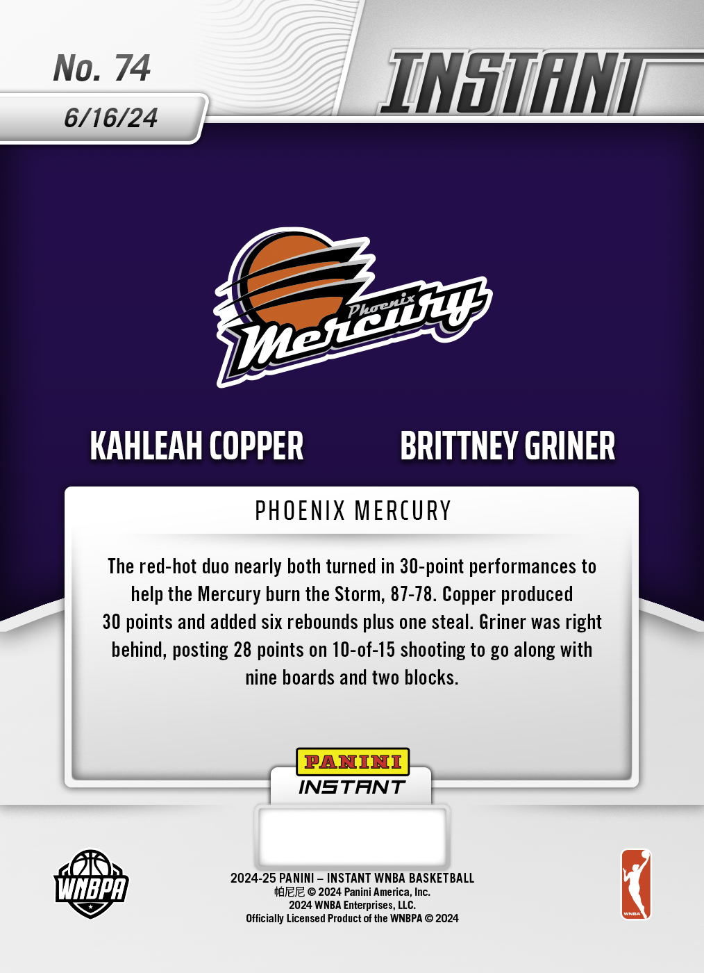 Panini America Kahleah Copper/Brittney Griner - 2024 Panini Instant WNBA #74 - Jungle /25