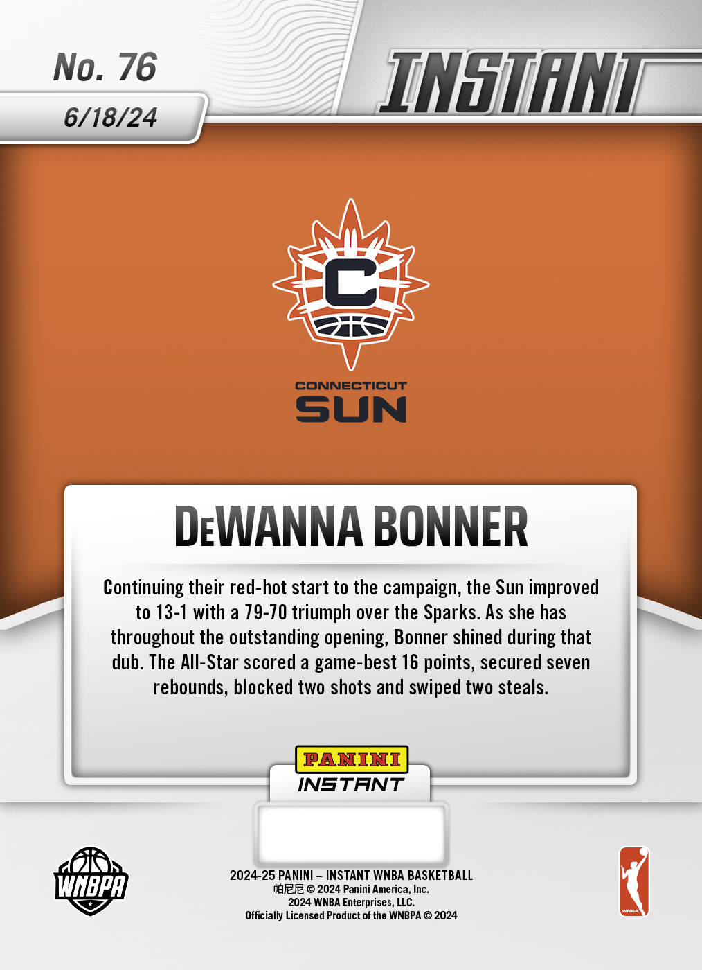Panini America DeWanna Bonner - 2024 Panini Instant WNBA #76 - White Tiger /5