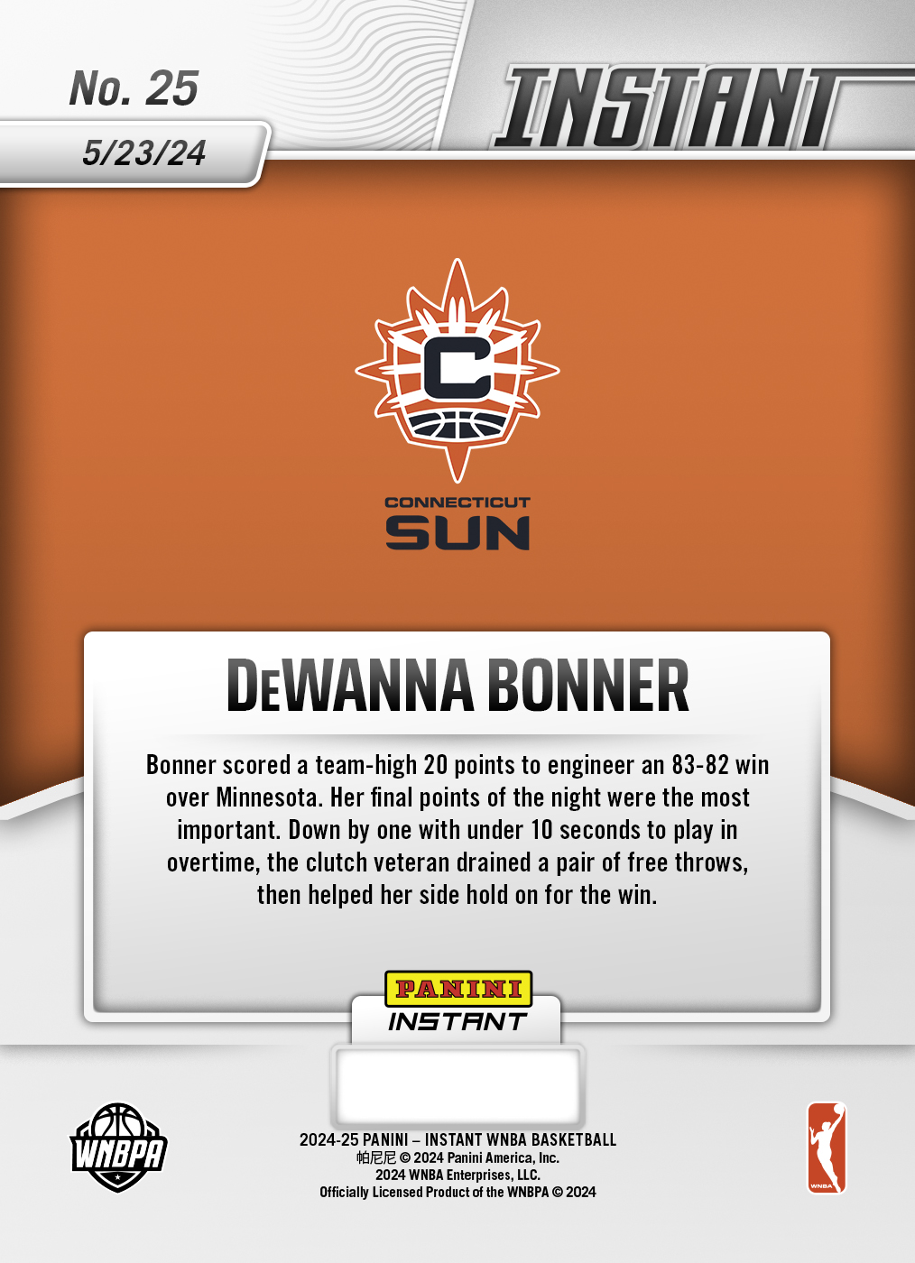 Panini America DeWanna Bonner - 2024 Panini Instant WNBA #25 - White Tiger /5