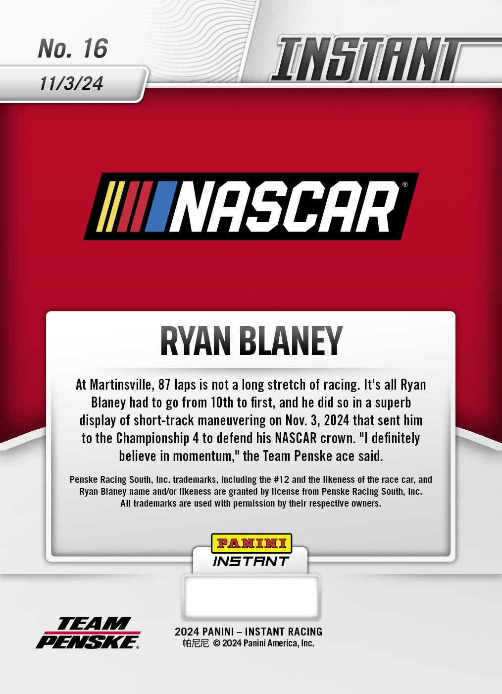 Panini America Ryan Blaney - 2024 Panini Instant NASCAR #16 - White Tiger /5