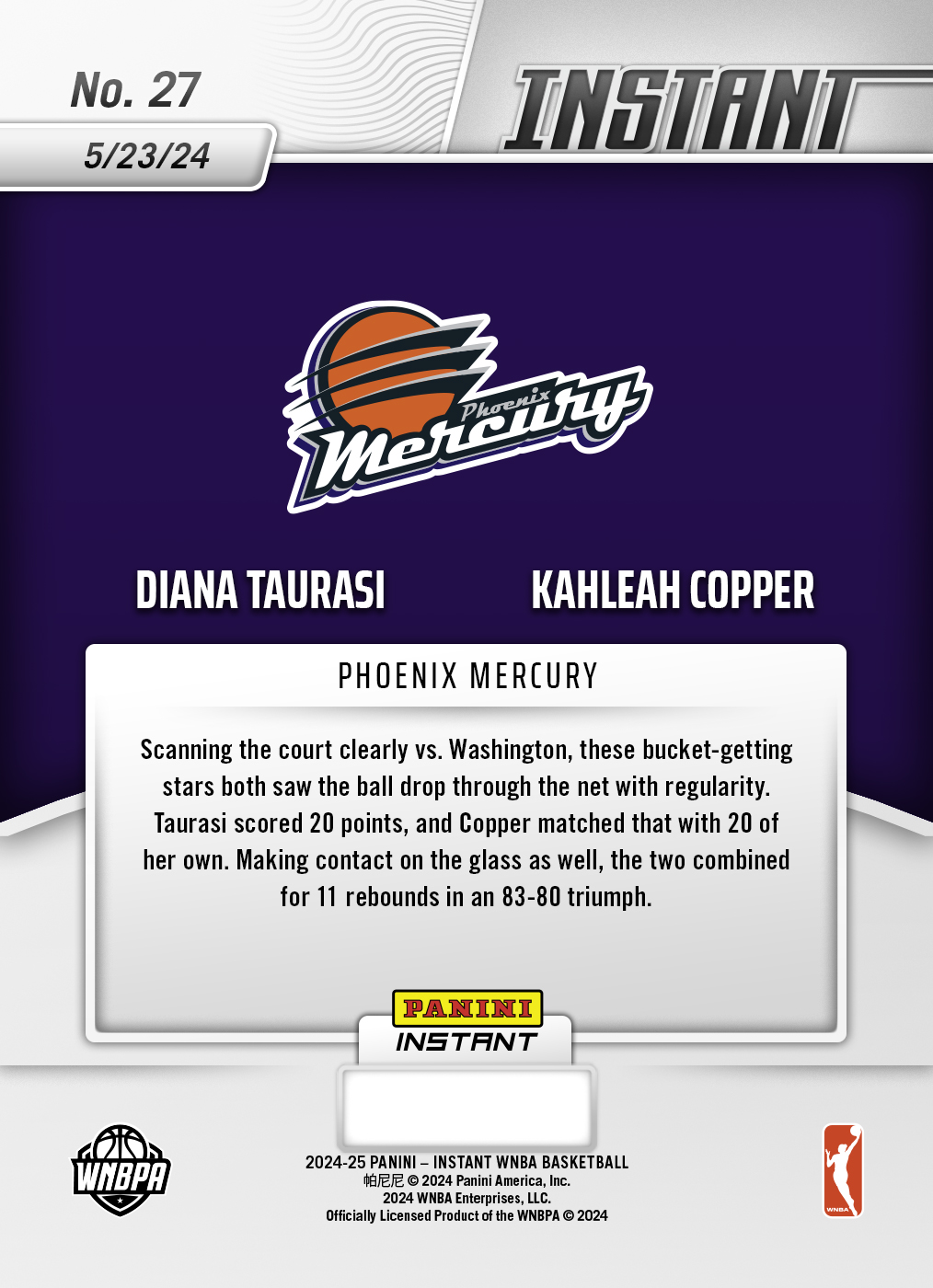Panini America Diana Taurasi/Kahleah Copper - 2024 Panini Instant WNBA #27 - White Tiger /5