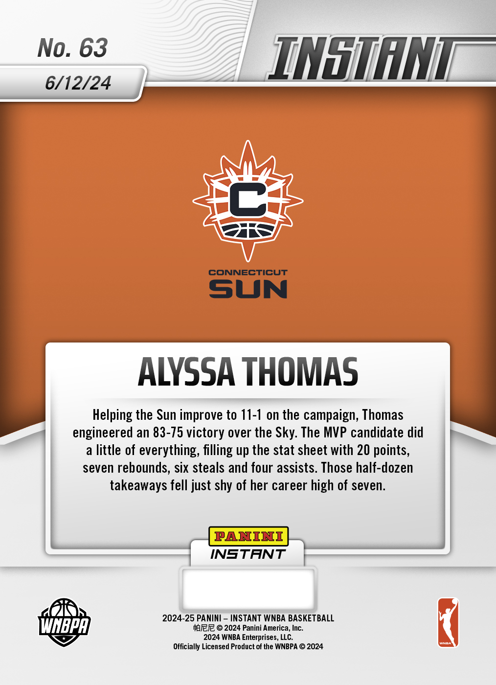 Panini America Alyssa Thomas - 2024 Panini Instant WNBA #63 - Jungle /25