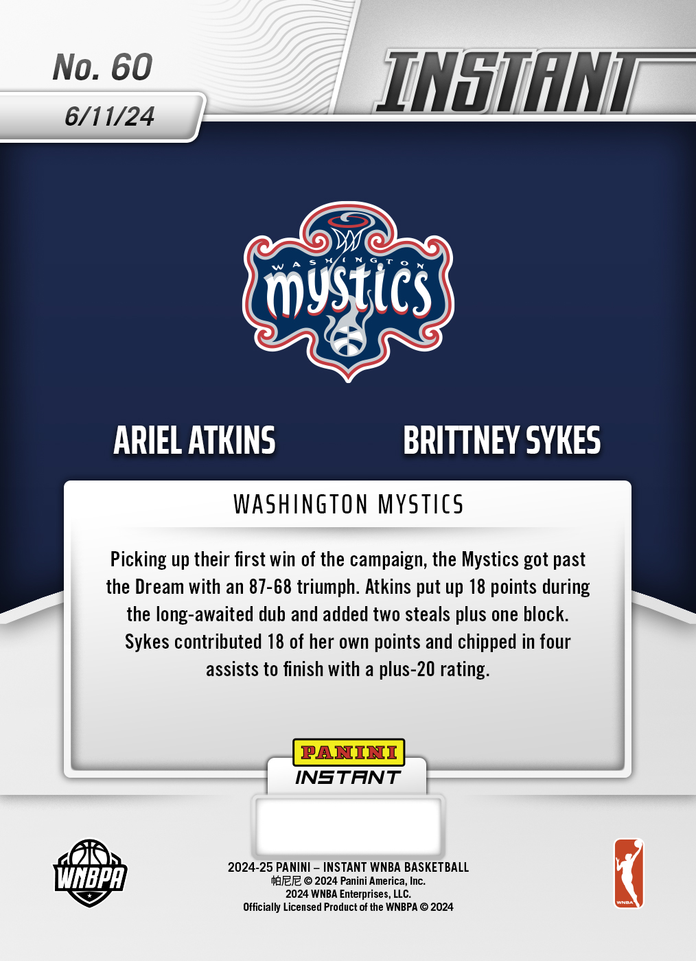 Panini America Ariel Atkins/Brittney Sykes - 2024 Panini Instant WNBA #60 - Jungle /25