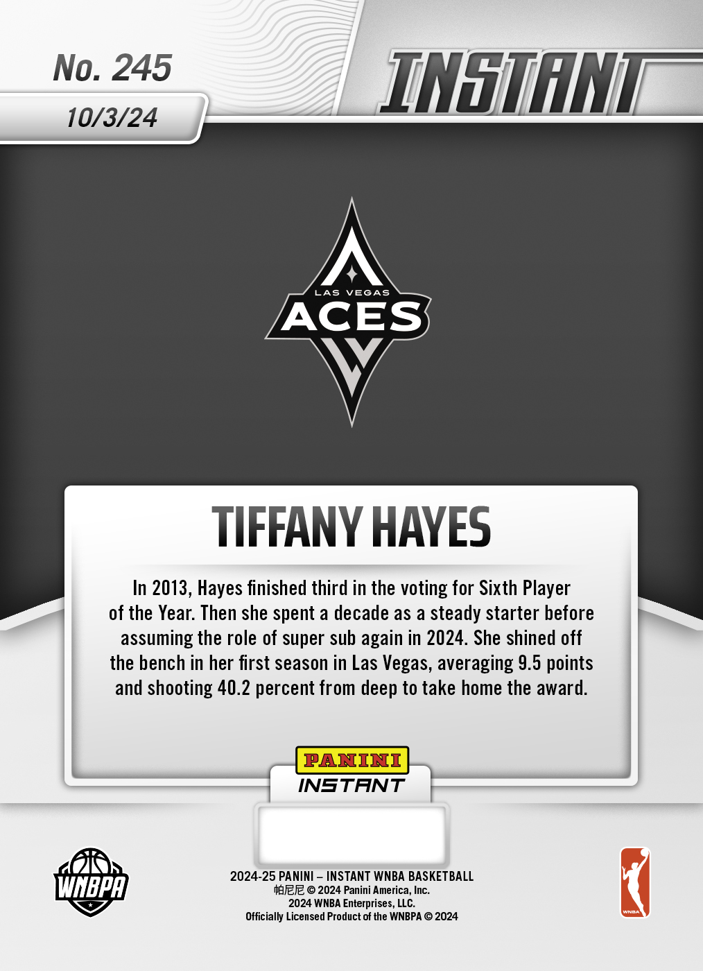 Panini America Tiffany Hayes - 2024 Panini Instant WNBA #245 - White Tiger /5