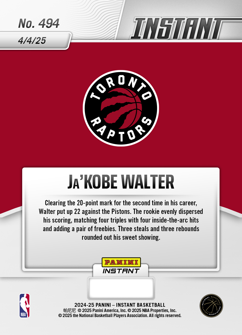 Panini America Ja'Kobe Walter - 2024-25 Panini Instant NBA #494 - Base