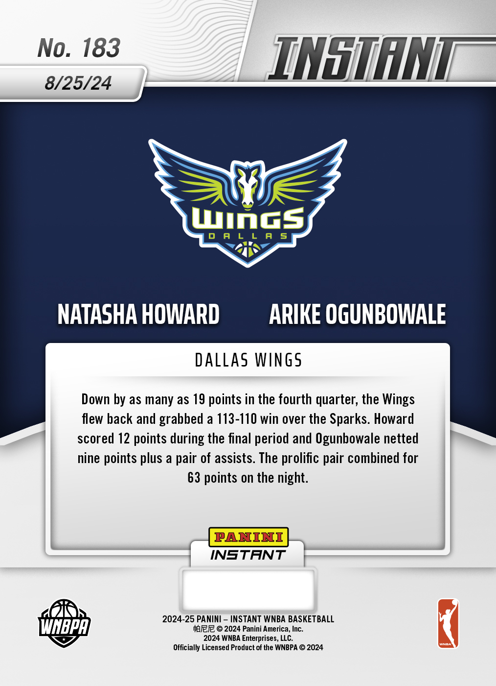 Panini America Natasha Howard/Arike Ogunbowale - 2024 Panini Instant WNBA #183 - Jungle /25