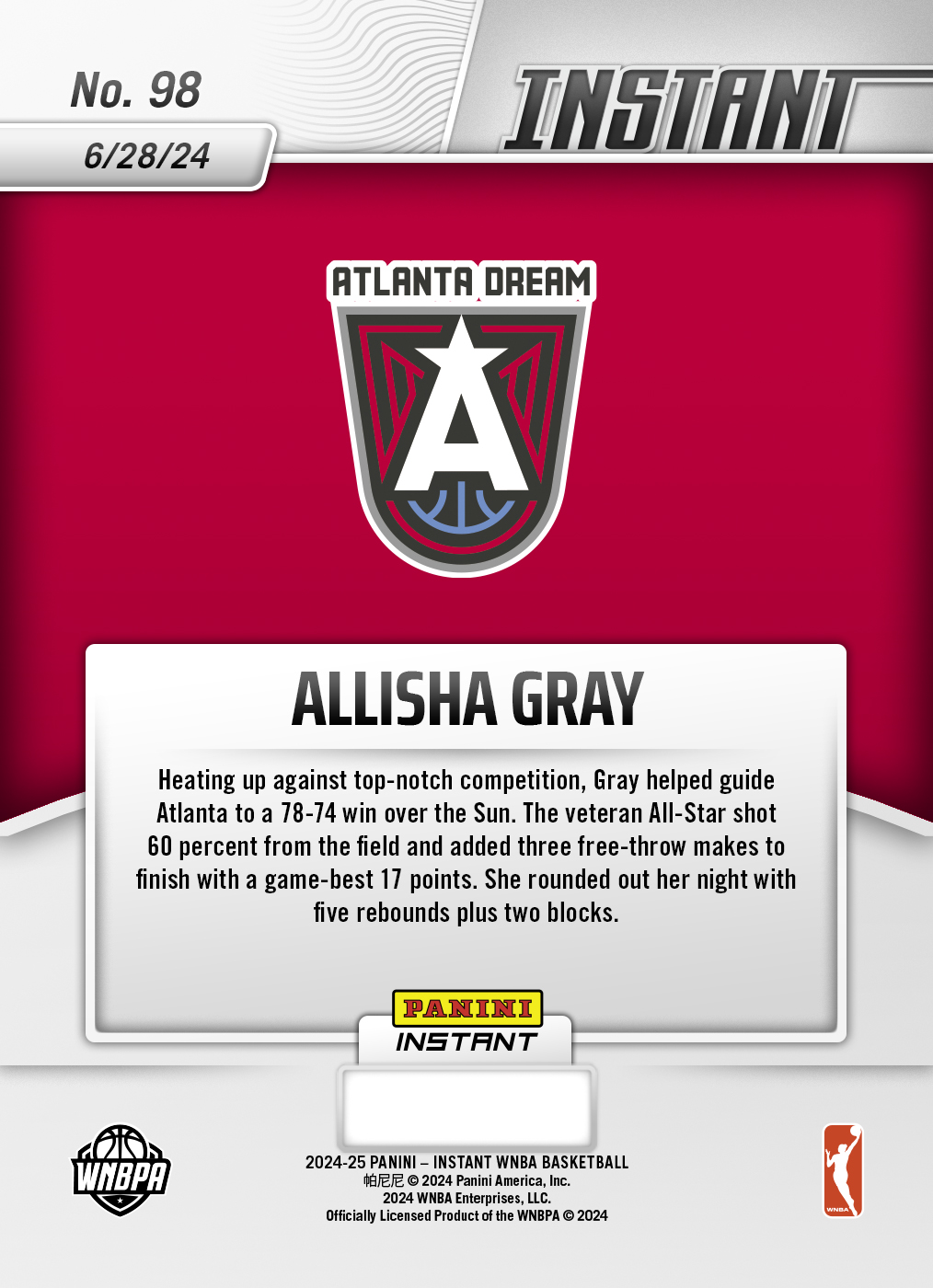 Panini America Allisha Gray - 2024 Panini Instant WNBA #98 - White Tiger /5