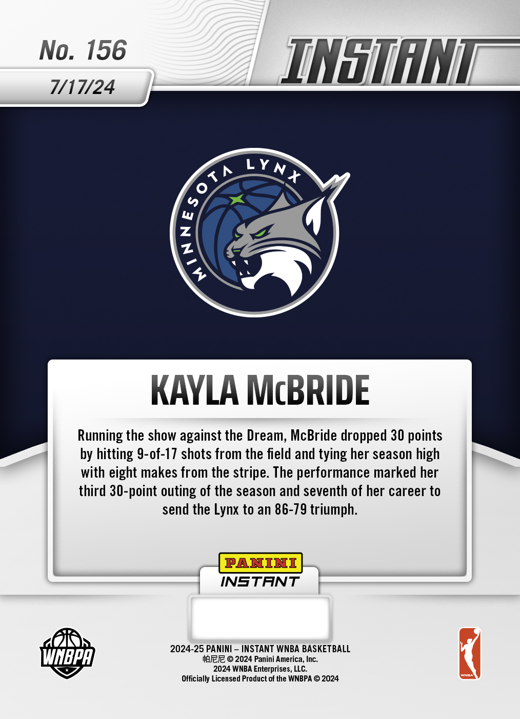 Panini America Kayla McBride - 2024 Panini Instant WNBA #156 - White Tiger /5