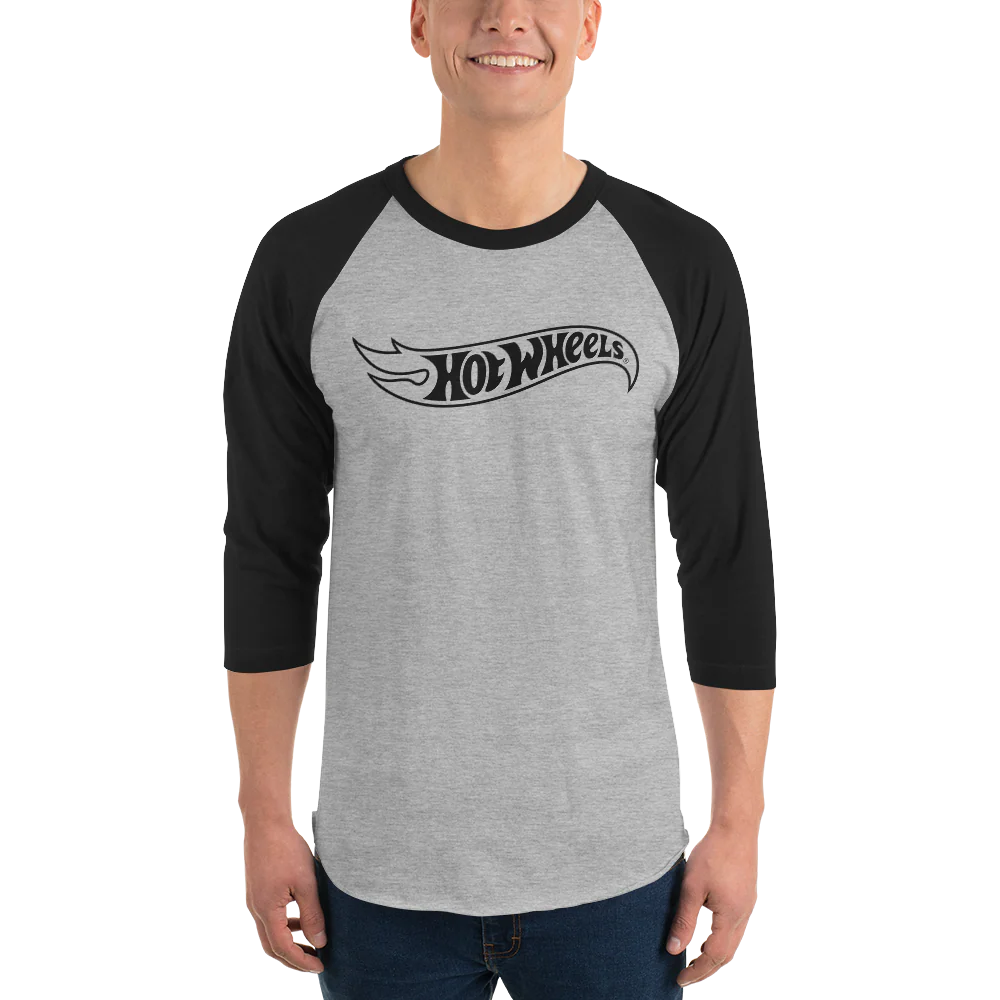 Mattel Creations Hot Wheels Outline Logo 3/4 Sleeve Grey and Black Raglan Shirt