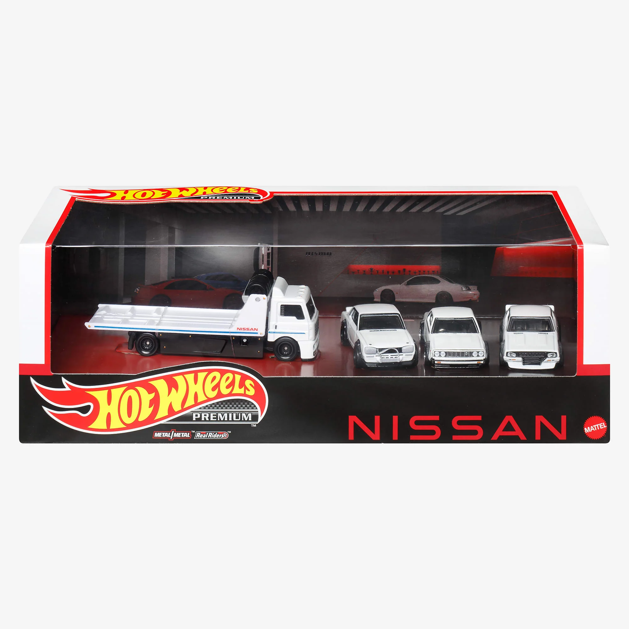 Mattel Creations Hot Wheels Premium Collector Set, 3 Nissan Skyline Cars & 1 Transporter