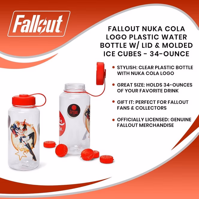 GameStop Fallout Nuka Cola Logo Plastic 34oz Water Bottle with Lid and Molded Ice Cubes