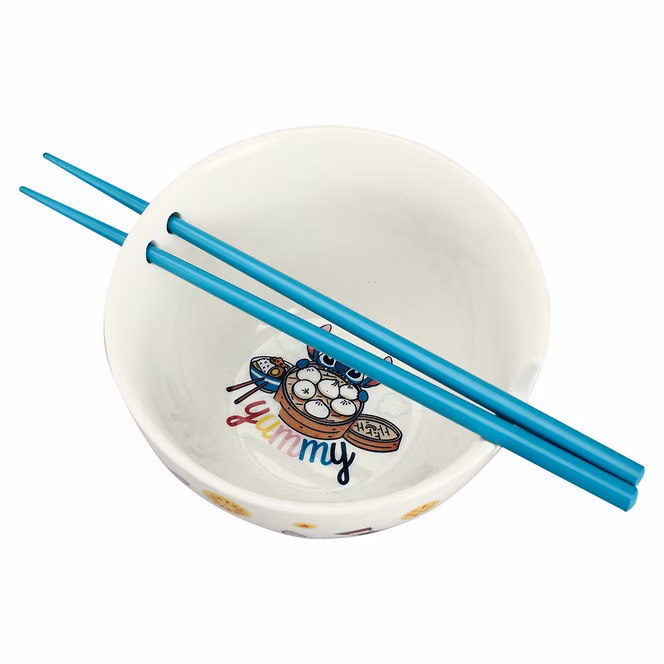 GameStop Stitch Food Icons Pattern White Ceramic Ramen Bowl with Chopsticks