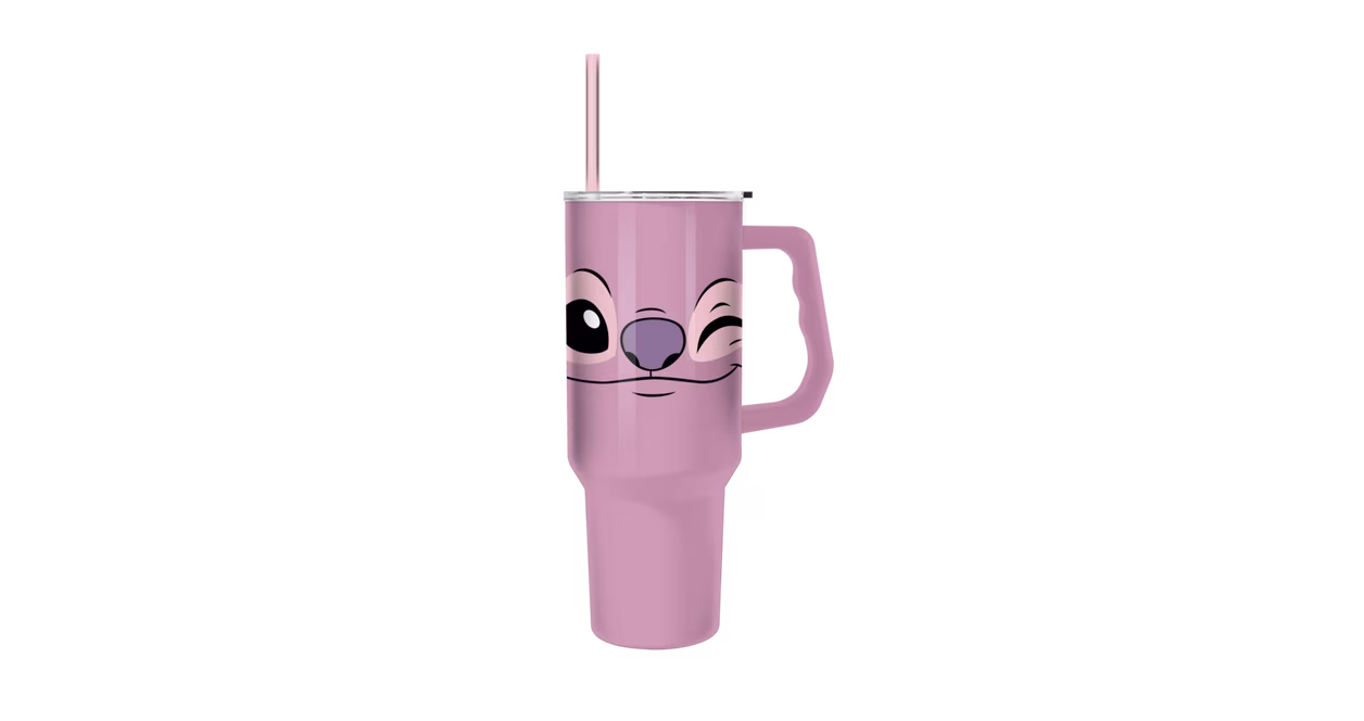 GameStop Lilo and Stitch Angel Big Face 40oz Pink Stainless Steel Tumbler with Handle