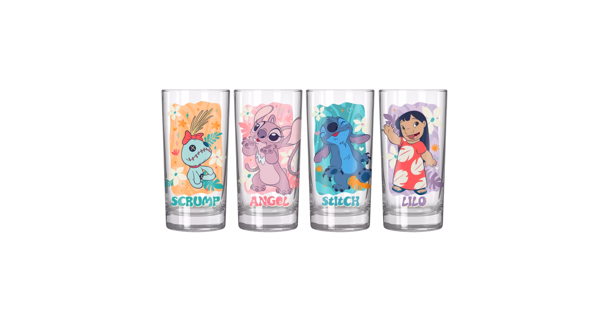 GameStop Lilo and Stitch Tropical Character Panels 4-Piece 10oz. Tumbler Glass Set