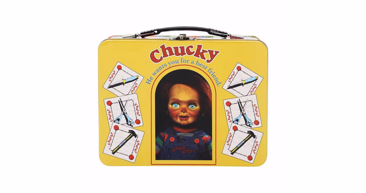 GameStop Childs Play Chucky Doll Box Yellow Tin Tote Lunchbox