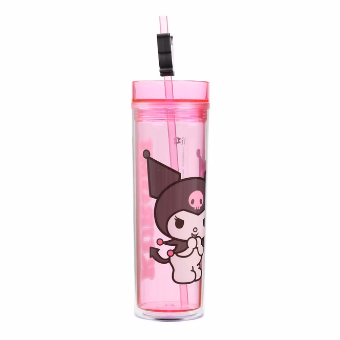 GameStop Sanrio Kuromi Clear Pink 16 oz Plastic Water Bottle with Straw Charm