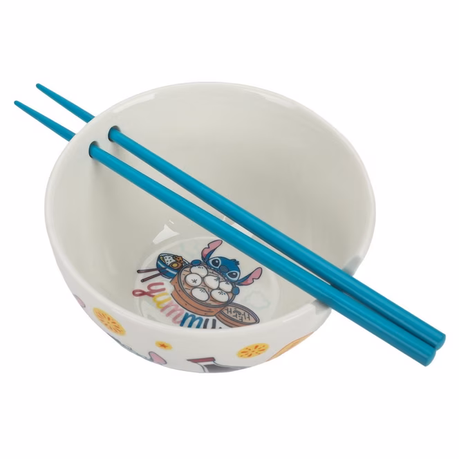 GameStop Stitch Food Icons Pattern White Ceramic Ramen Bowl with Chopsticks