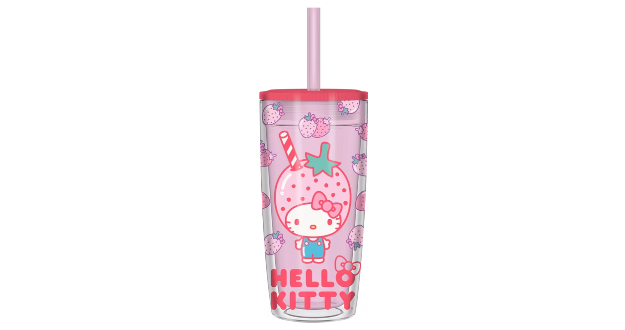 GameStop Hello Kitty Strawberry Pattern 20oz Spill Resistant Plastic Tumbler