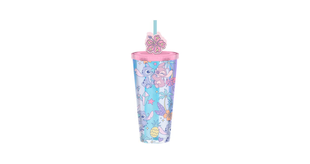 GameStop Lilo and Stitch - Stitch and Angel Pastel Pearlescent Plastic Cold 24oz Cup with Lid and Topper Straw