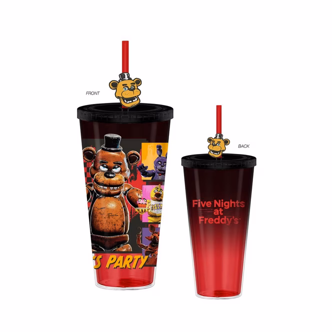 GameStop Five Nights At Freddy's Special Delivery Let's Party Grid 24oz Plastic Cold Cup with Lid and Topper Straw