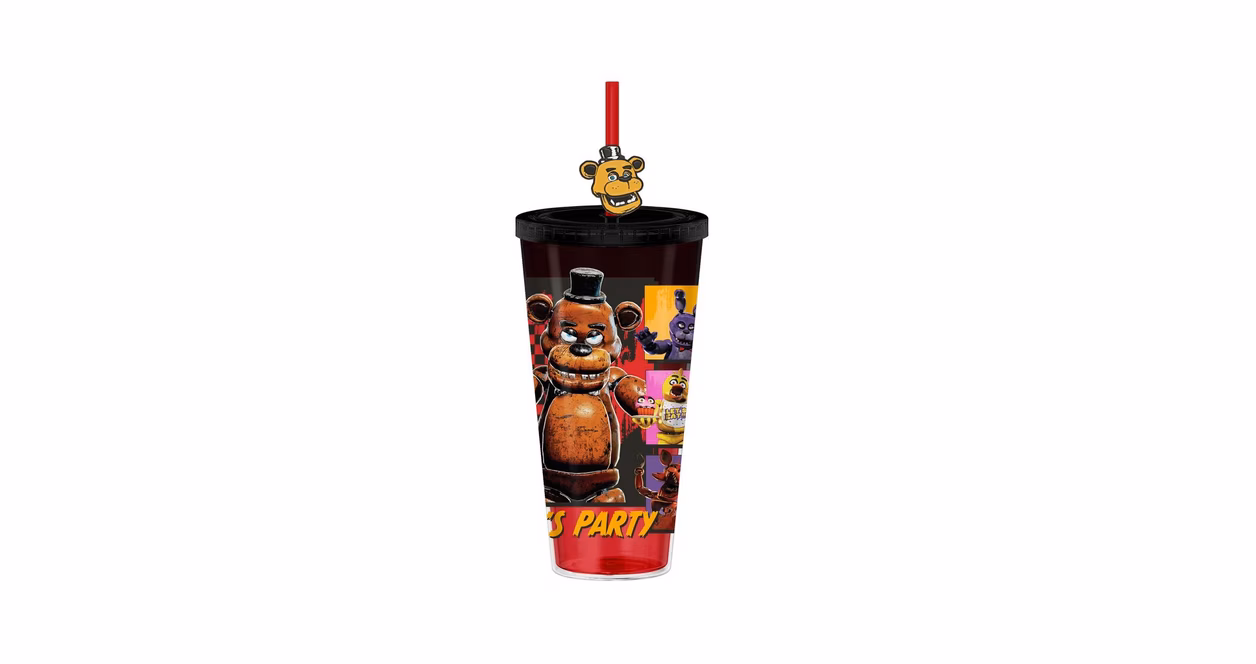GameStop Five Nights At Freddy's Special Delivery Let's Party Grid 24oz Plastic Cold Cup with Lid and Topper Straw