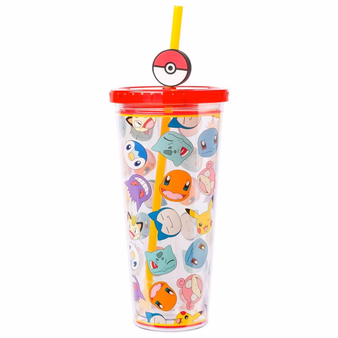 GameStop Pokemon Multi-Character Head Toss 24oz Plastic Cold Cup with Lid and Topper Straw
