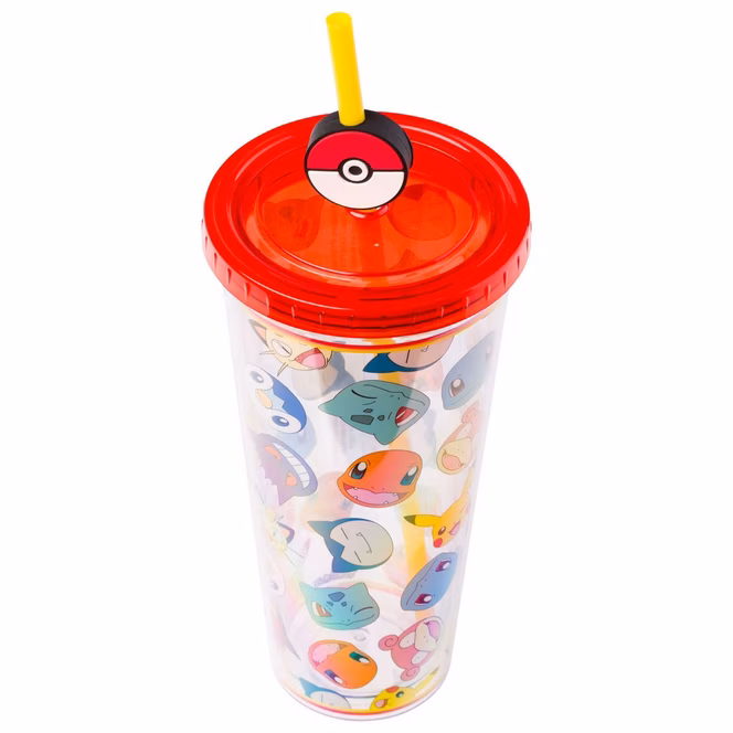 GameStop Pokemon Multi-Character Head Toss 24oz Plastic Cold Cup with Lid and Topper Straw