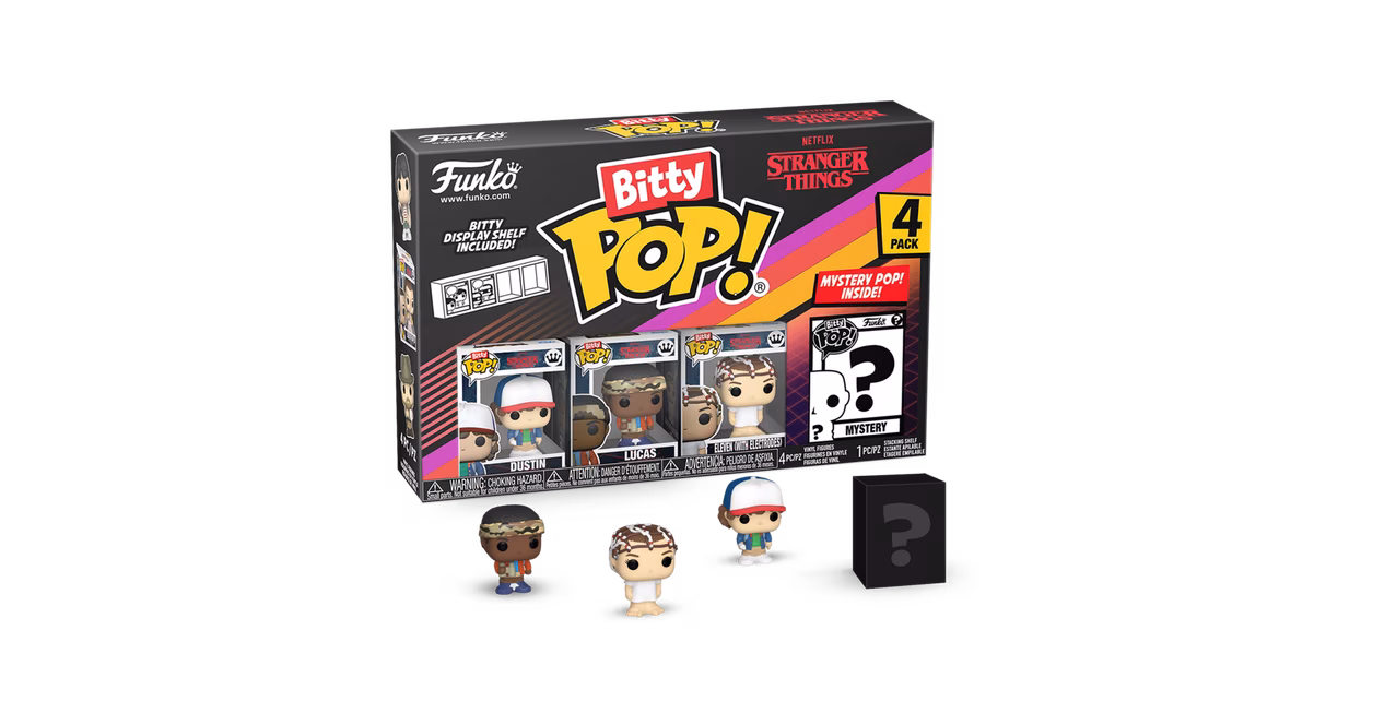 GameStop Funko Bitty POP! Stranger Things Vinyl Figure Set 4-Pack (Dustin, Lucas, Eleven (with Electrodes), and Mystery Pop!)