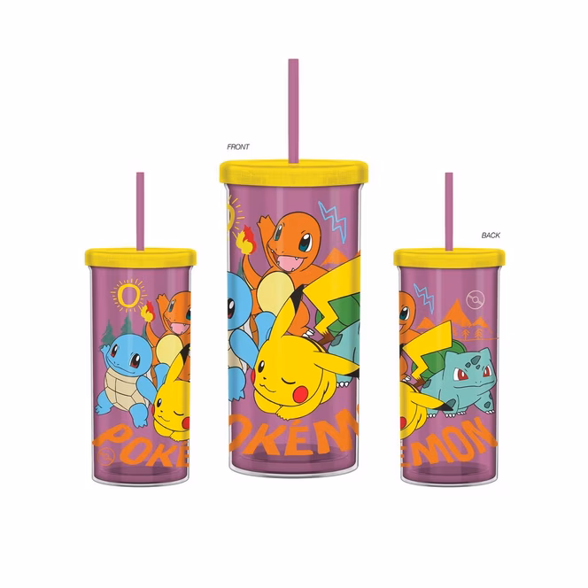 GameStop Pokemon Kanto Starters and Pikachu 20oz Plastic Tall Cold Cup with Lid and Straw