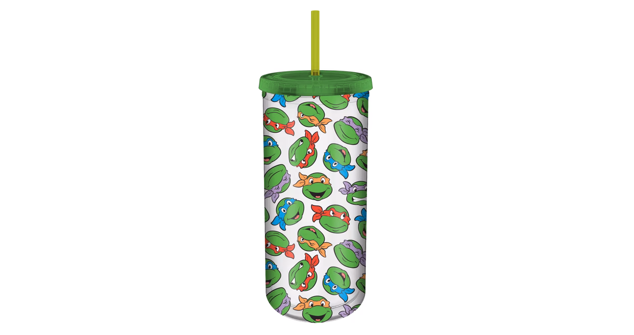 GameStop Teenage Mutant Ninja Turtles Multi Face Pattern 20oz Plastic Tall Cold Cup with Lid and Straw