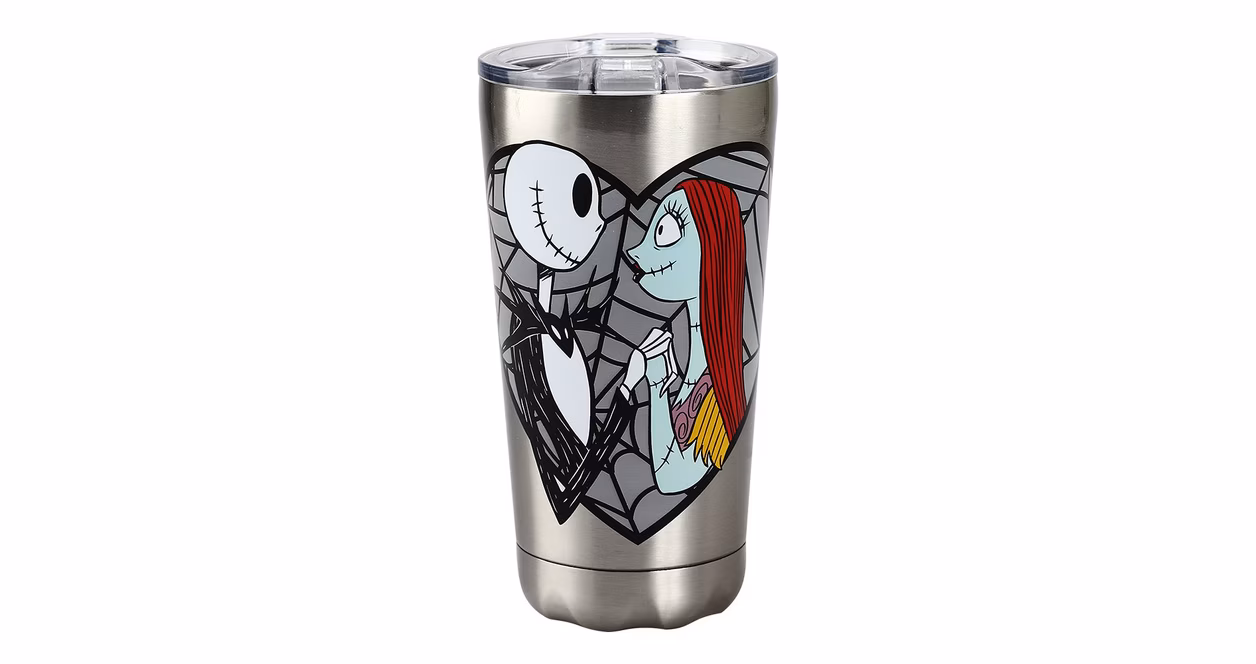 GameStop The Nightmare Before Christmas Jack and Sally Gray 15 oz Stainless Steel Tumbler
