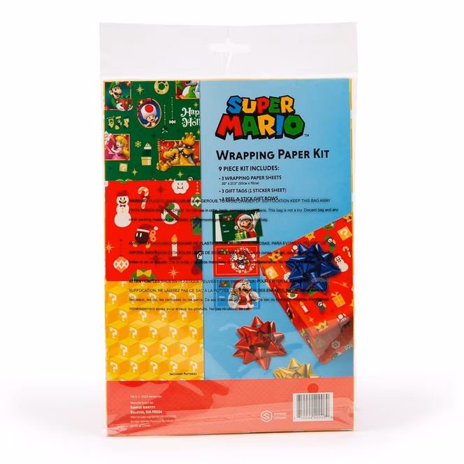 GameStop Super Mario 9-Piece Holiday Wrapping Paper Kit 3 Sheets, 3 Gift Tags, 3 Bows