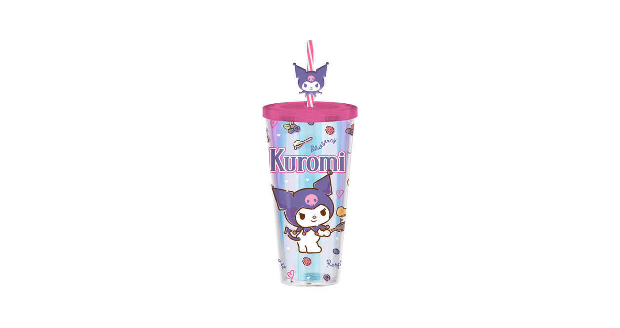 GameStop Sanrio Kuromi Flipping Pancake Icons Iridescent 24 oz Plastic Cold Cup with Lid and Topper Straw