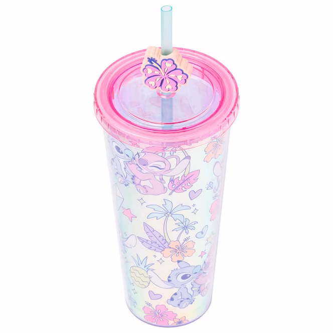 GameStop Lilo and Stitch - Stitch and Angel Pastel Pearlescent Plastic Cold 24oz Cup with Lid and Topper Straw