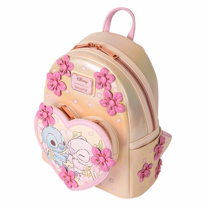 GameStop Loungefly Stitch and Angel Cherry Blossom Heart Mini Backpack