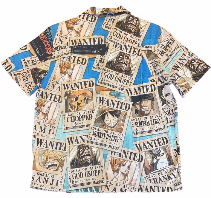 GameStop One Piece Wanted Poster Short Sleeve Unisex Button Up T-Shirt GameStop Exclusive