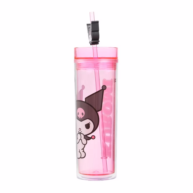 GameStop Sanrio Kuromi Clear Pink 16 oz Plastic Water Bottle with Straw Charm